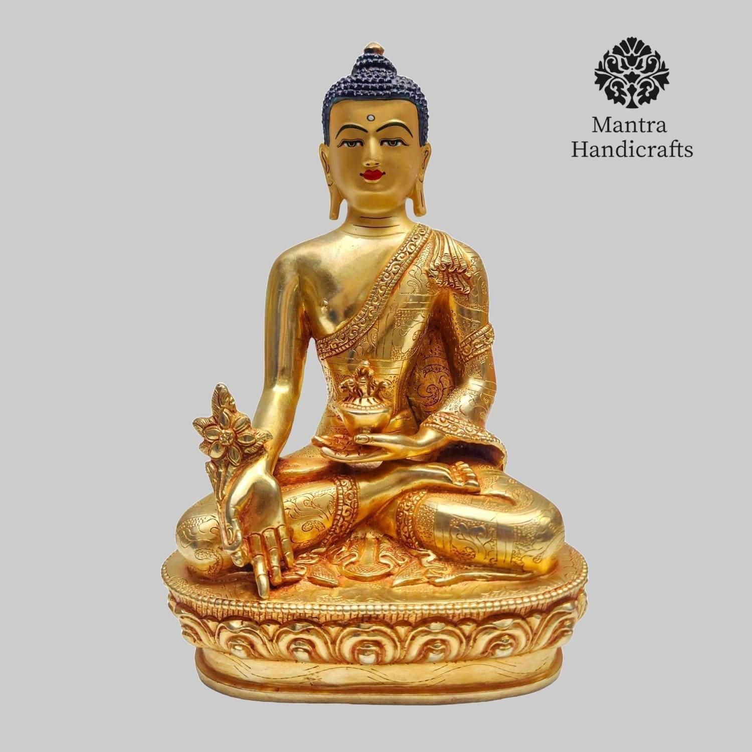 Medicine Buddha, Bhaisajyaguru Statue - Healing Buddha Sculpture in 24K Gold Gilded
