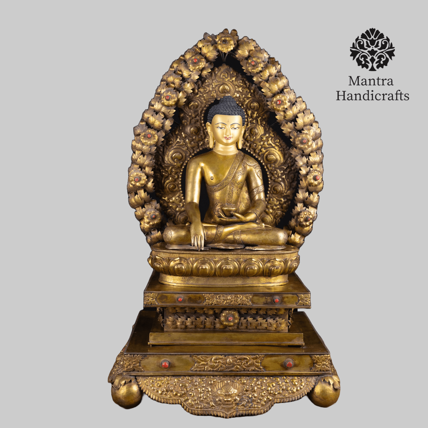 Shakyamuni Buddha Staue With Base and Frame | 24K Gold Gilded