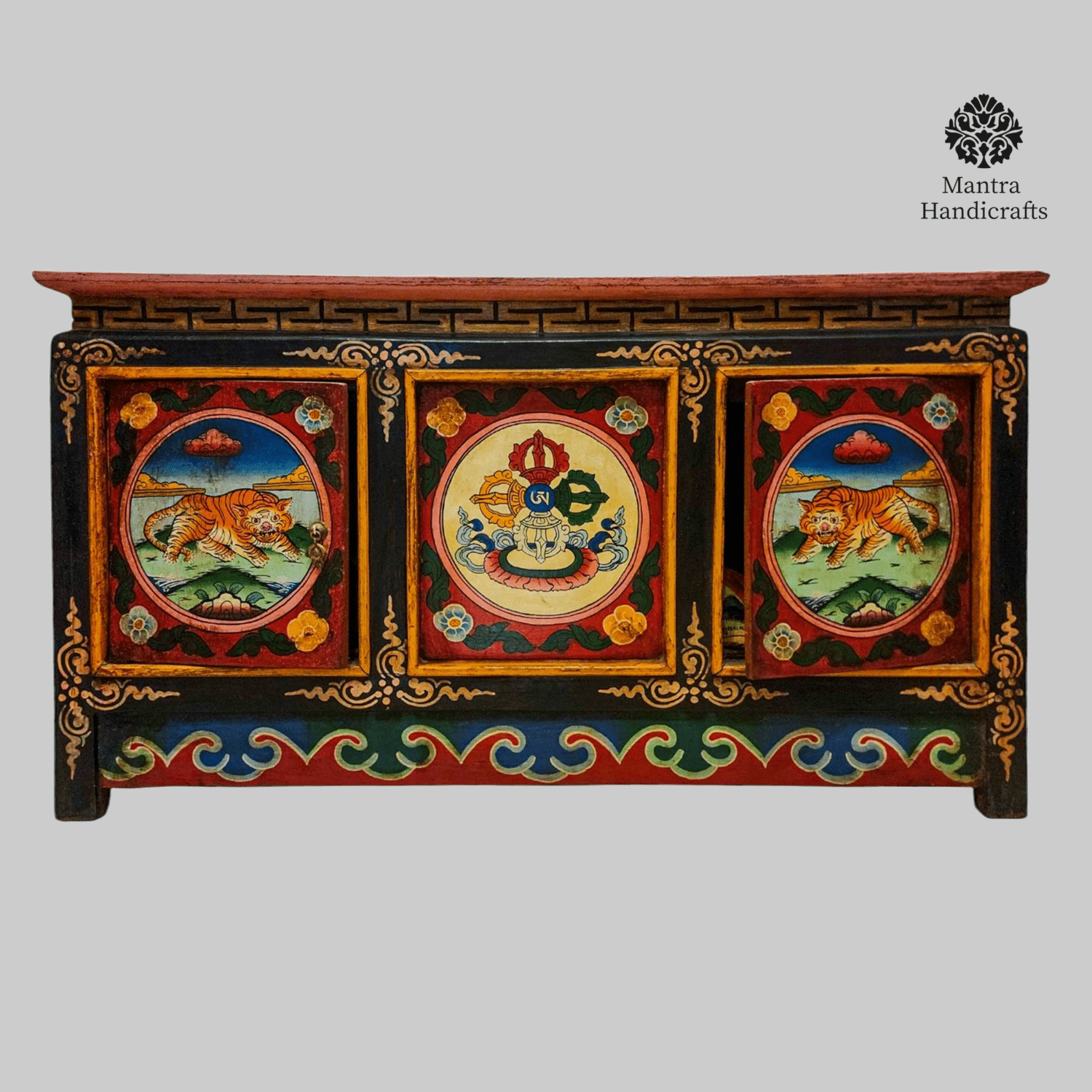 Tibetan 4 Door Cabinet | Tiger & Double Dorje Painted