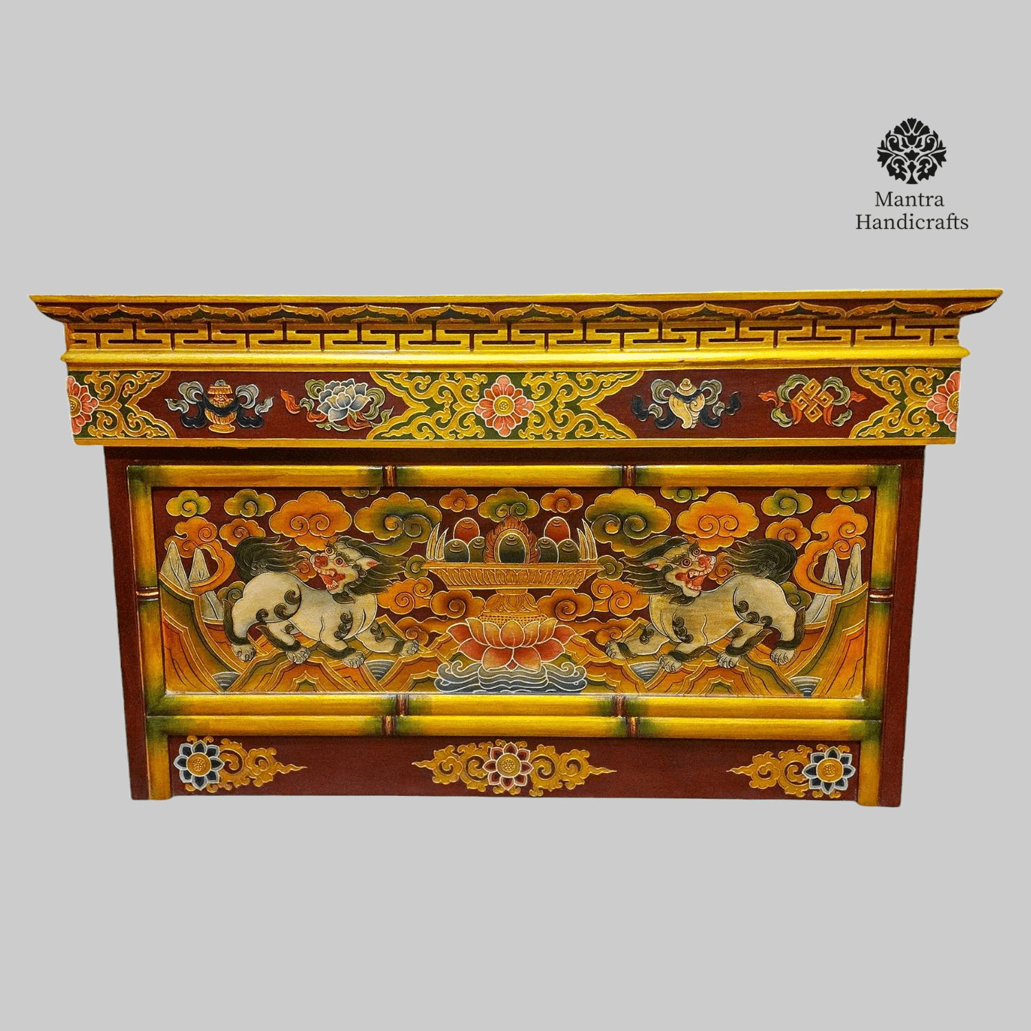 Tibetan Folding Wooden Table with Temple Lion Design