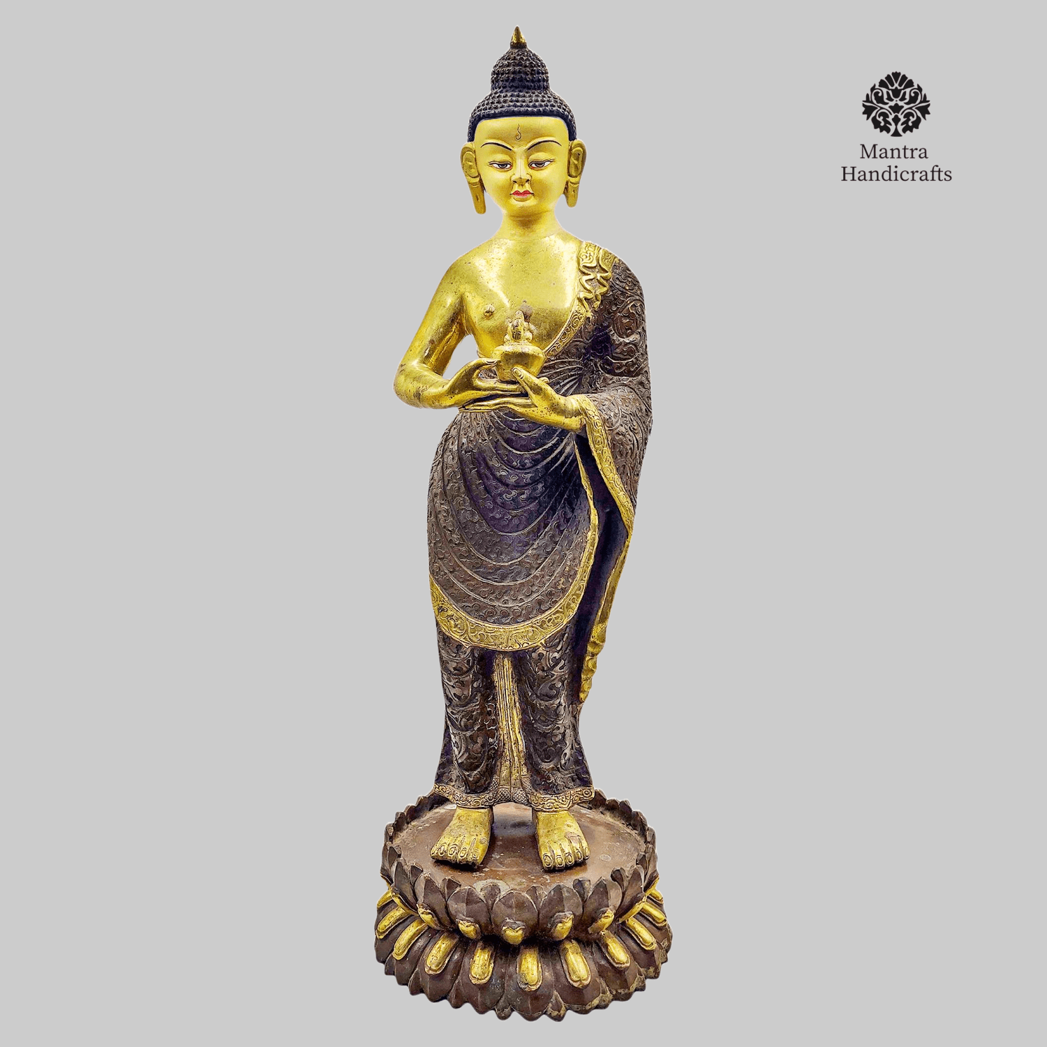 Standing Buddha Statue | 24k Gold with Copper Oxidized Finish