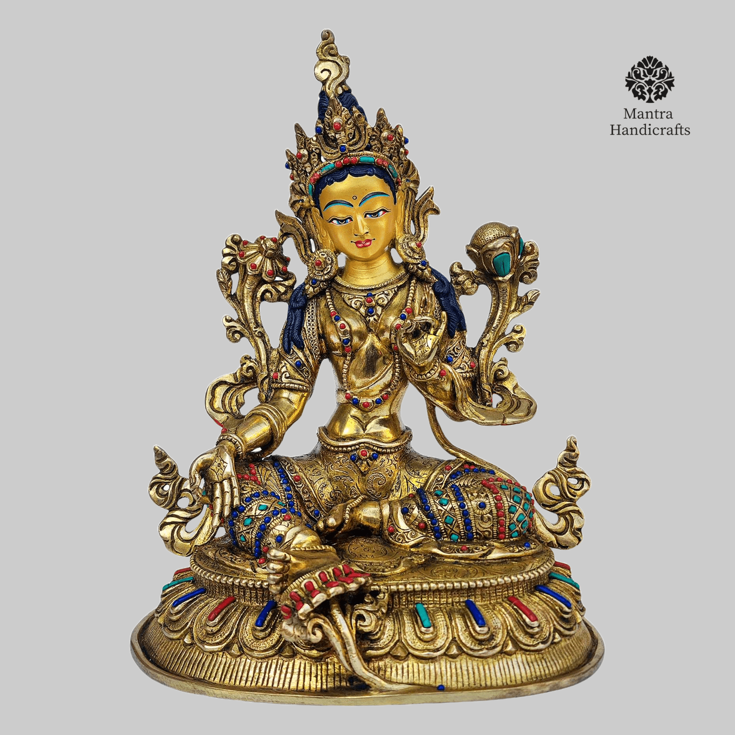 Gold-Plated Green Tara Buddha Statue | Hand-Painted Face & Gemstones