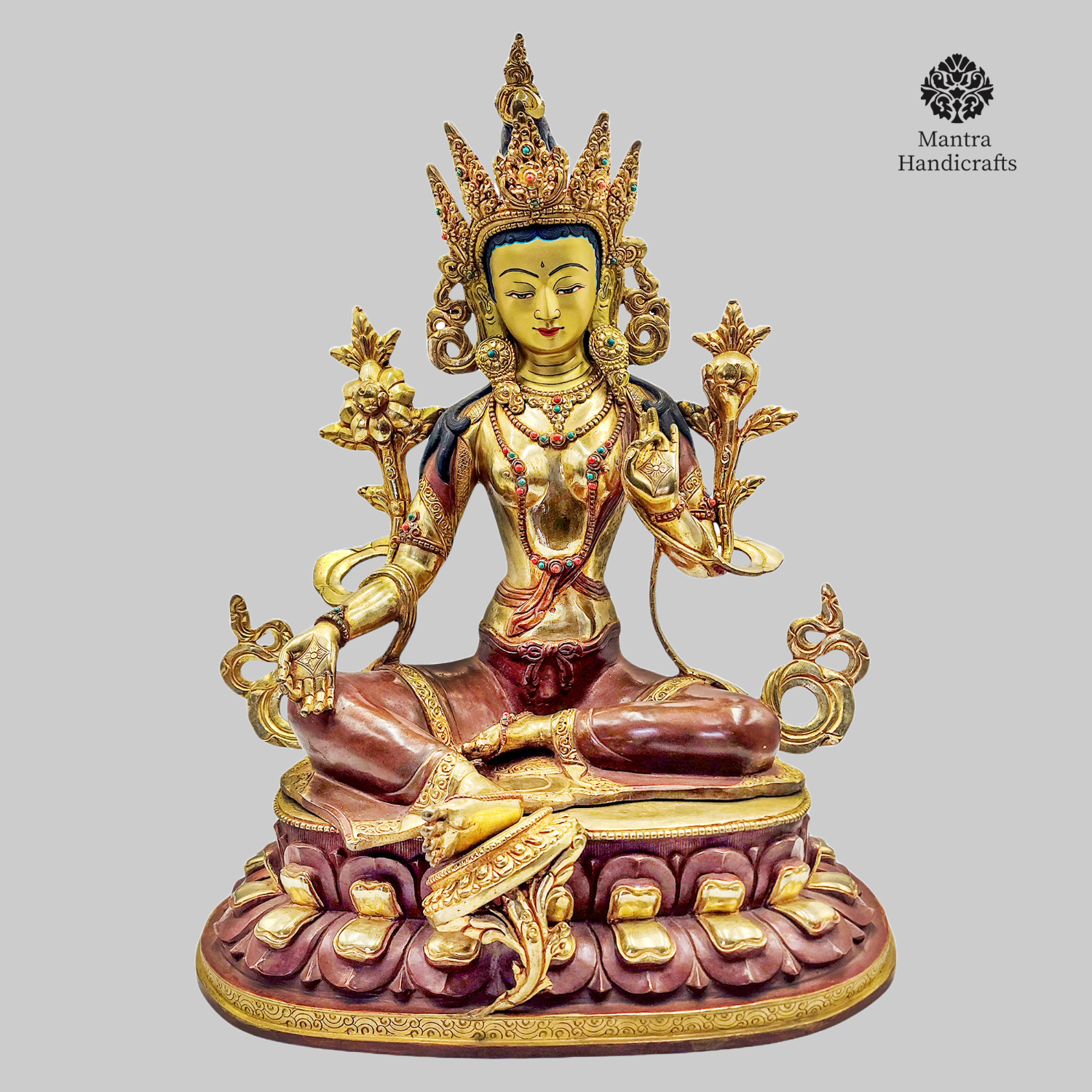 Green Tara Statue On Lotus Throne