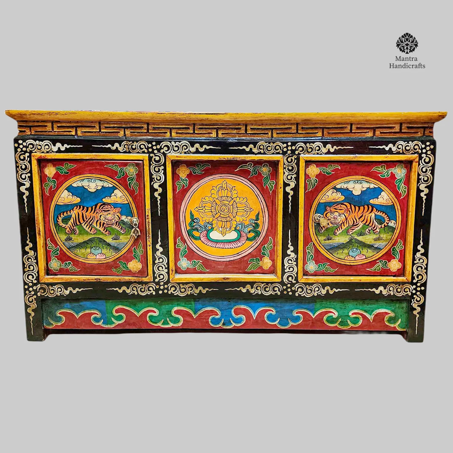 Tibetan 4 Door Cabinet | Tiger & Double Dorje Painted