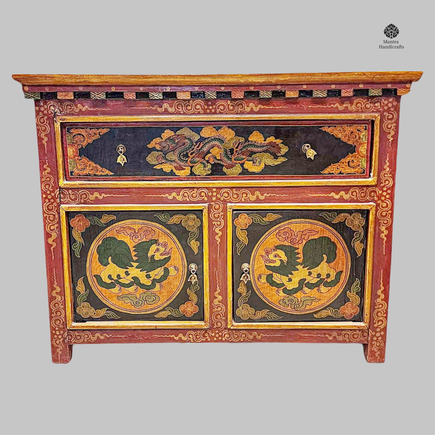 Tibetan Cabinet | Snow Lion & Dragon, 2 Doors, 1 Drawer