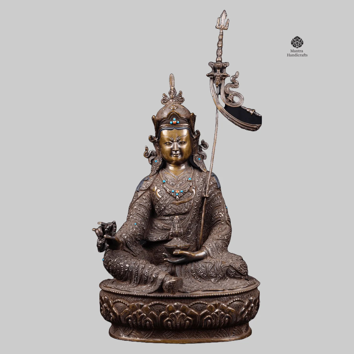Padmasambhava Statue | Chocolate Oxidized & Stone Inlaid | Lotus-Born Master