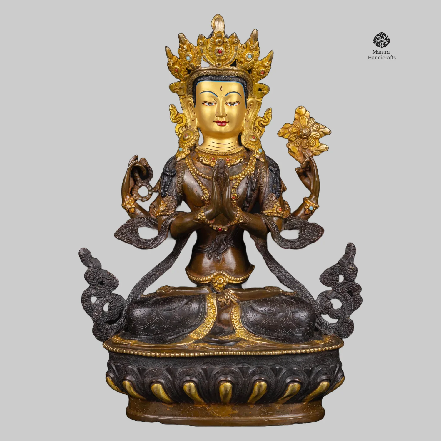 Chenrezig Statue | Chocolate Oxidized & Face Painted | Bodhisattva of Compassion