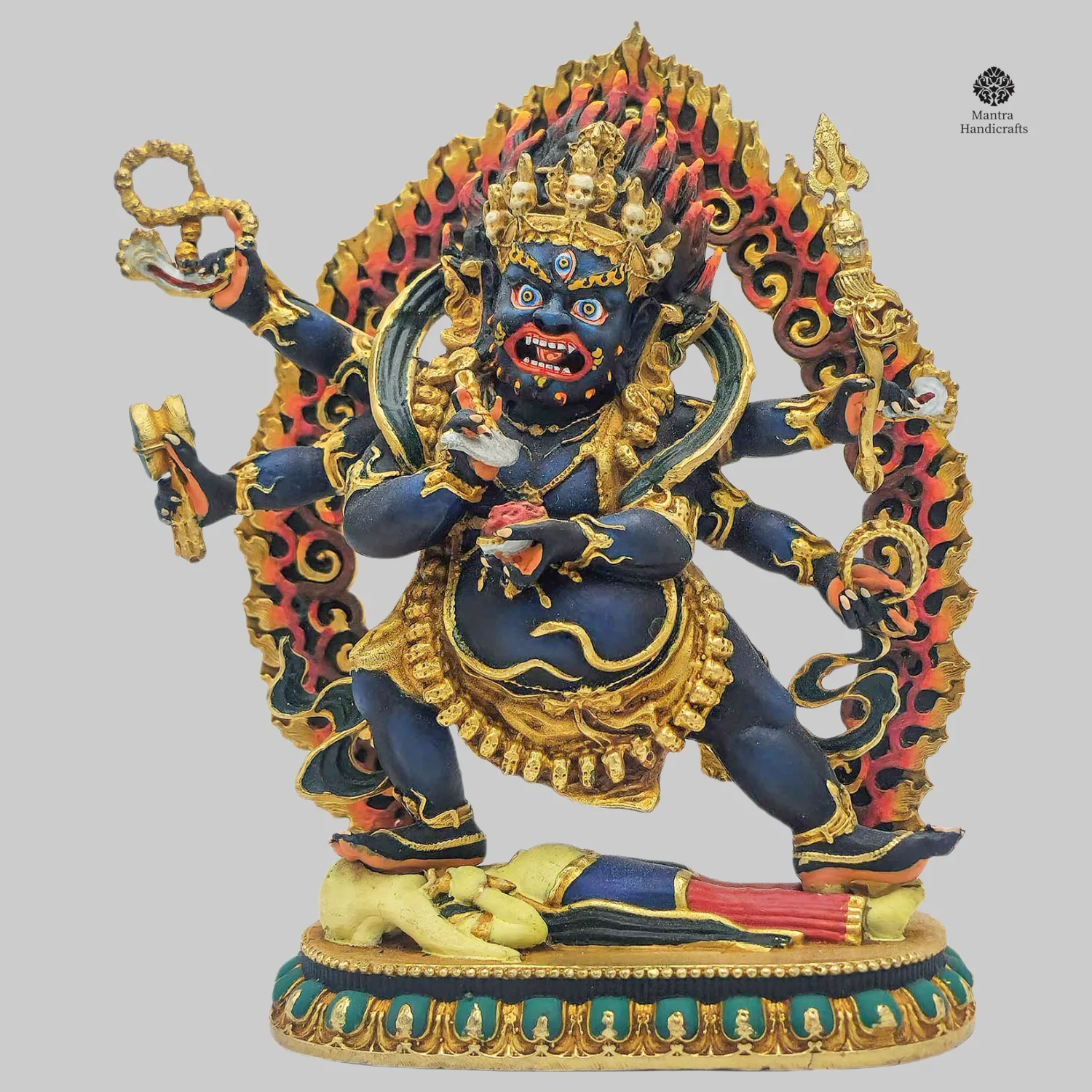 Six-Armed Mahakala Miniature Statue | Thangka Color Finish | Fierce Protector of Dharma