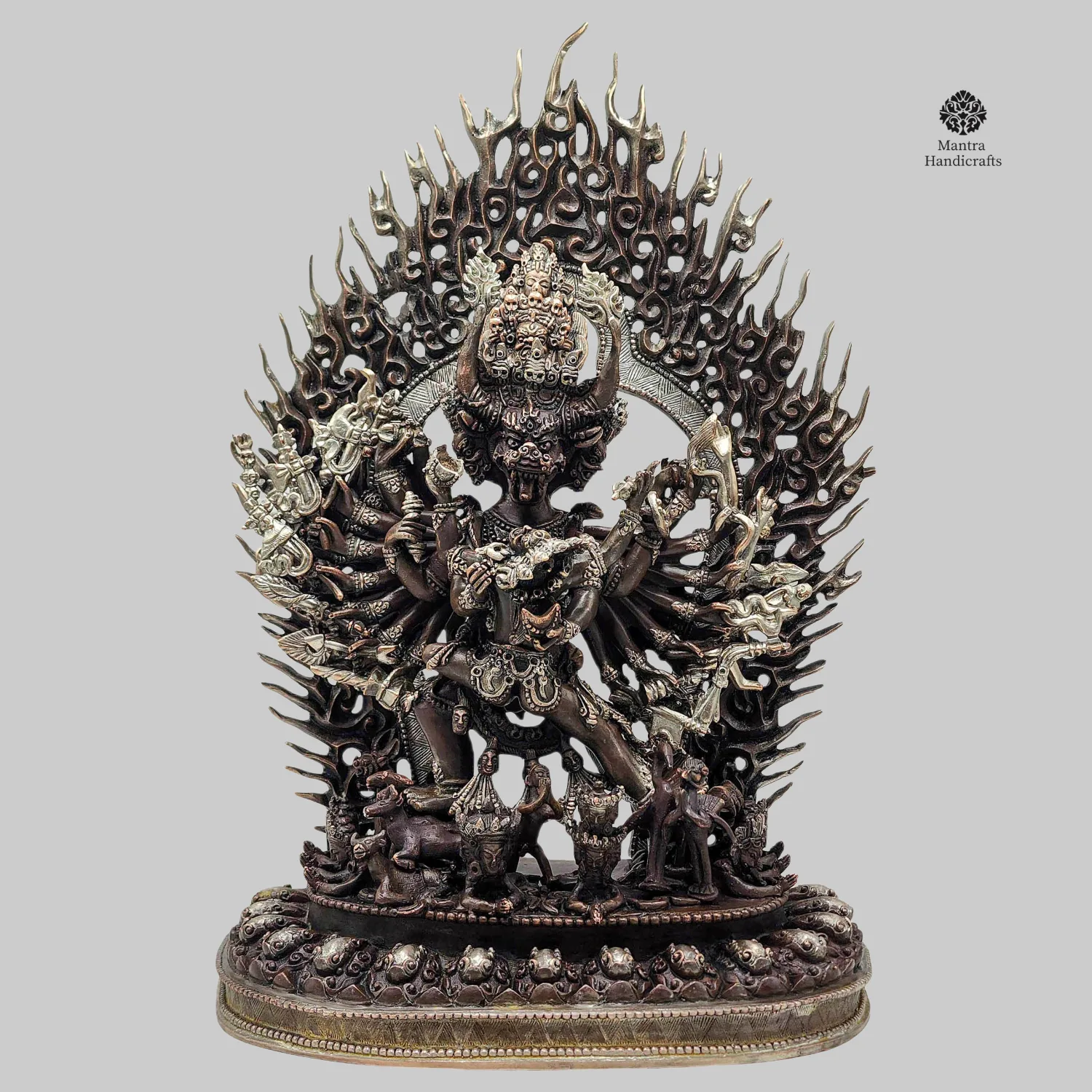 Yamantaka Shakti Statue with Consort | Silver & Chocolate Oxidized | Wrathful Destroyer of Ignorance
