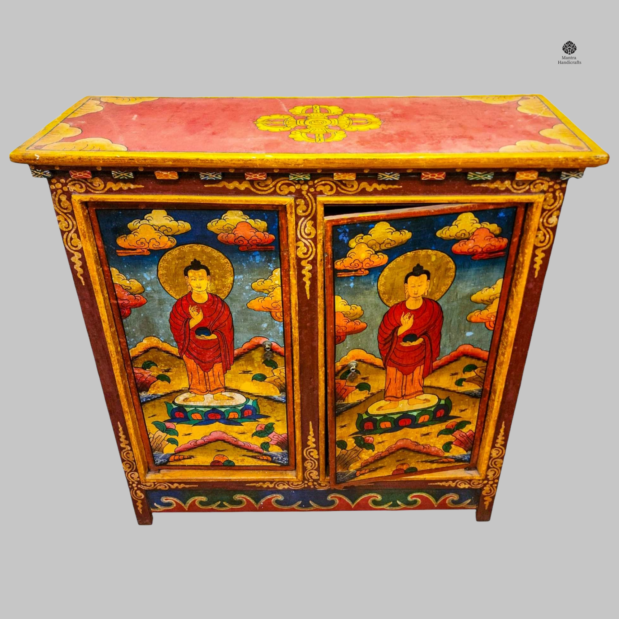Tibetan Cabinet with Buddha | Hand-Painted Two-Door Shrine