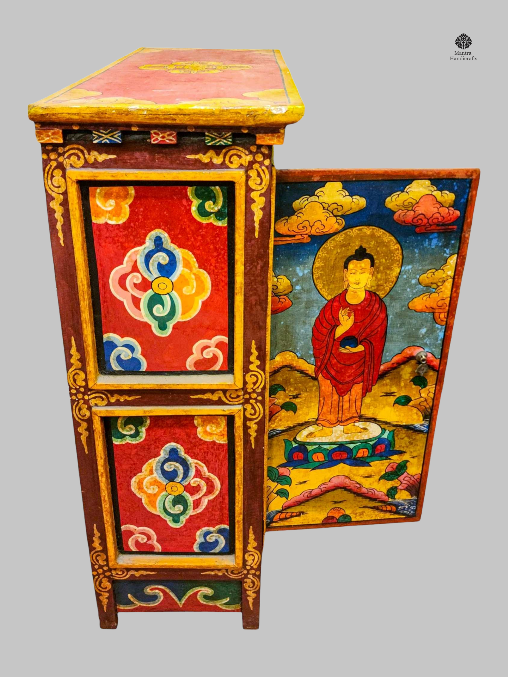 Tibetan Cabinet with Buddha | Hand-Painted Two-Door Shrine
