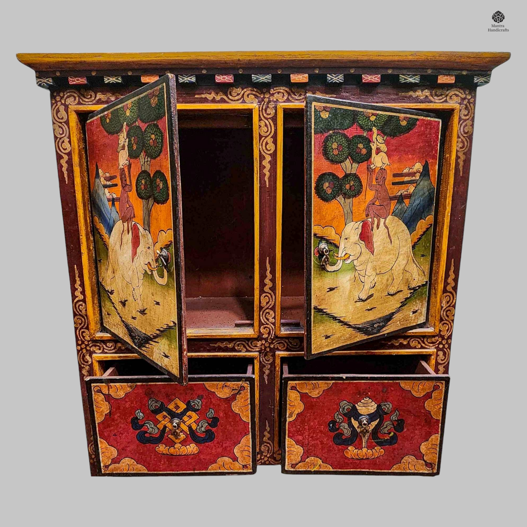 Tibetan Buddhist Cabinet with Four Doors | Hand-Painted Traditional Art