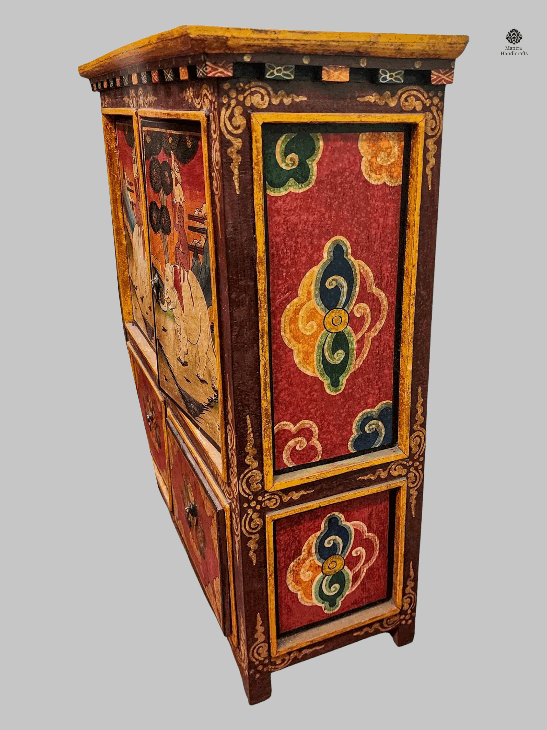 Tibetan Buddhist Cabinet with Four Doors | Hand-Painted Traditional Art