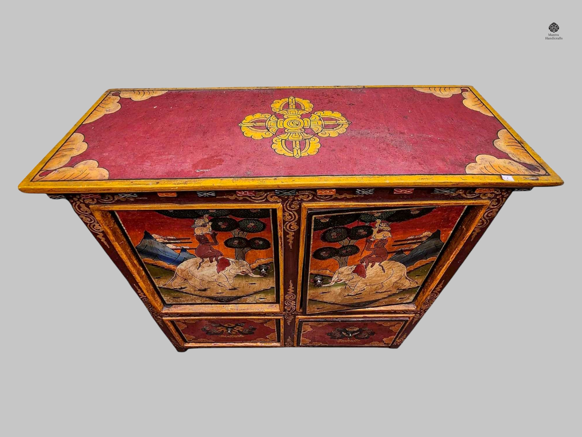 Tibetan Buddhist Cabinet with Four Doors | Hand-Painted Traditional Art