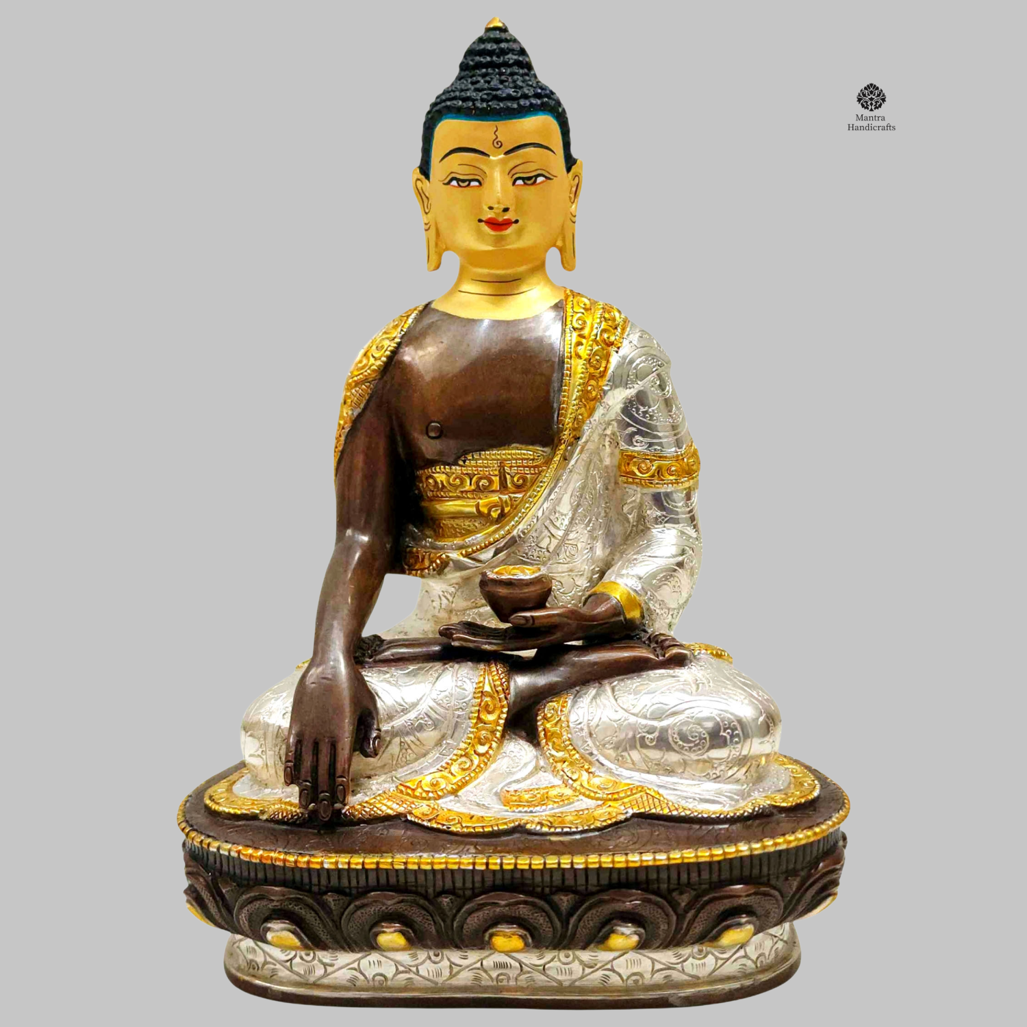Shakyamuni Buddha Statue | Silver Oxidized & Gold