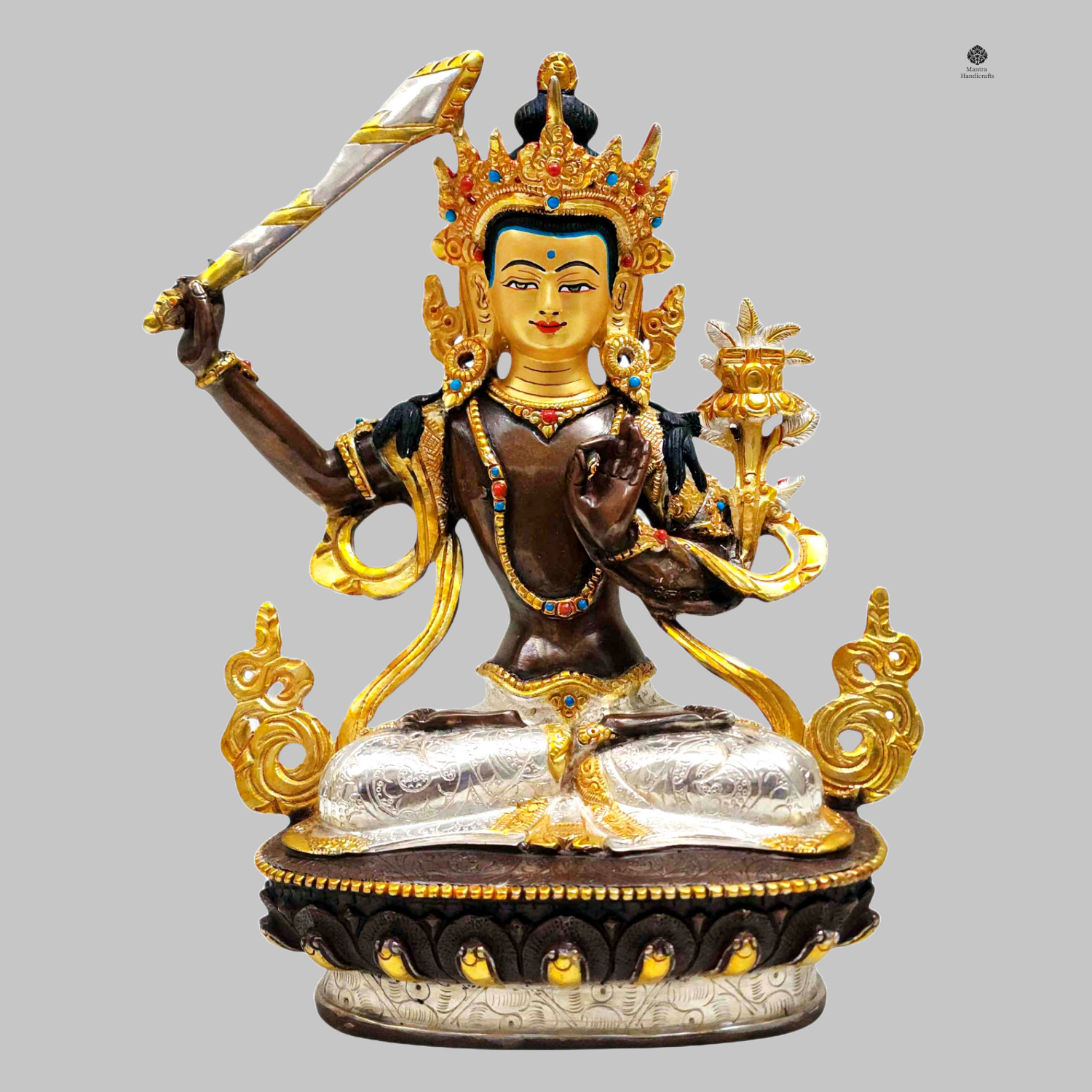 Manjushri Wisdom Buddha Statue | Handmade Silver & Gold Oxidized