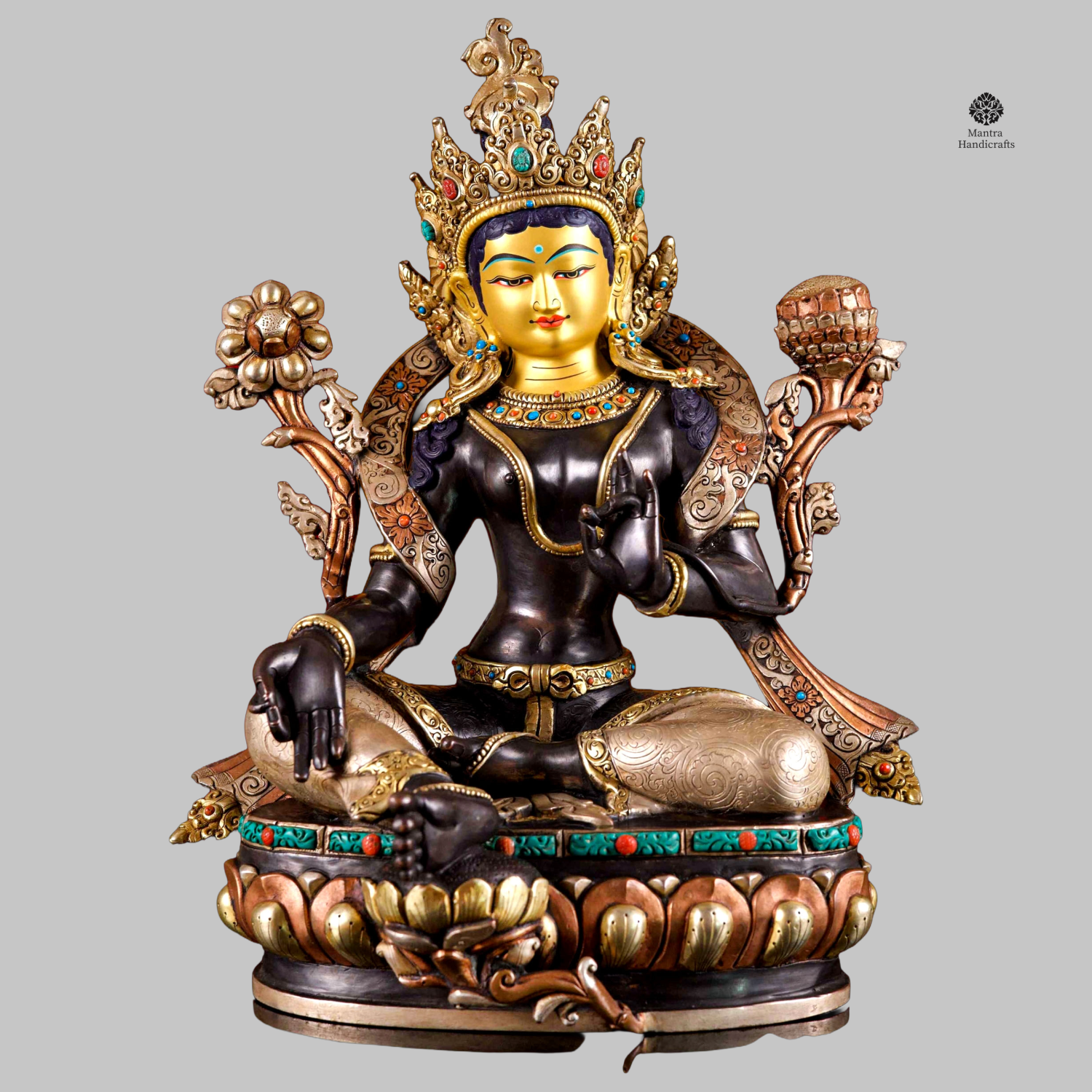 Green Tara Statue | Thangka Color & Stone Setting