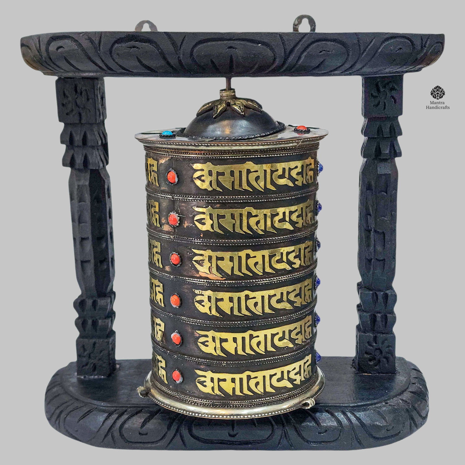 Handmade Wall Prayer Wheel with Mantra Inside, Stone Setting